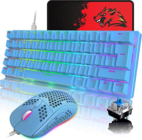 ゲーミングキーボードマウスセット メカニカル 青軸 62キー テンキーレス ゲーミングマウス 有線 UK配列 RGBバックライト USB接続 完全なアンチゴーストボタン 全キーロールオーバー キーキャップ取り外し可能 ゲーマーやタイピストに最適 Type-c ハニカムデザイン 軽量6400DPI ミニ マウスパット付き 防水 PC&PS4&スイッチに対応 (ブルーー青軸)