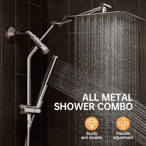 Image of Veken 10 inch Luxurious Brushed Nickel All Metal Rain Shower Head with Handheld Spray Combo, High Pressure Rainfall Square Shower Heads with Extension Arm, Wide Dual Showerhead, Bathroom Accessories