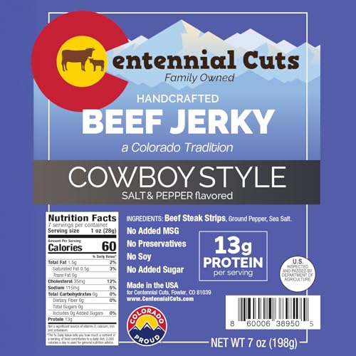 Image of Centennial Cuts Beef Jerky - Cowboy Style - High Protein, Zero Sugar & Zero Carbs, 3 Simple Ingredients - 7 oz Snack