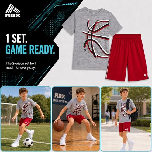 Image of RBX Boys Athletic Shorts Set - 2 Piece Active Performance Graphic Tees and Mesh Gym Shorts for Boys With Elastic Waistband