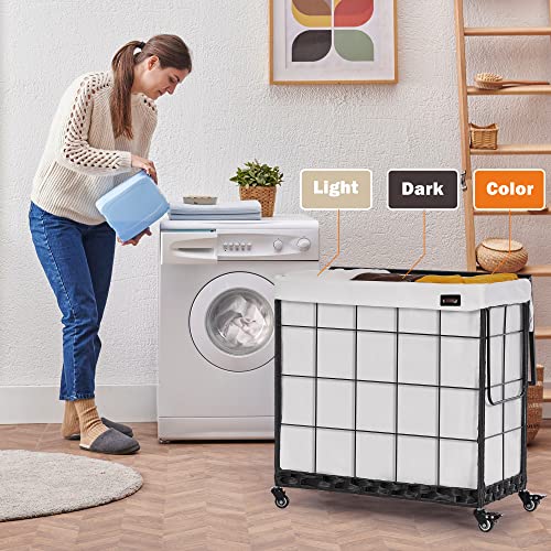 Laundry-Hamper-with-Heavy-Duty-Caster-Wheels-3-Sections-Clothes-Hamper-with-Lid-132L-Laundry-Basket-with-Removable-Liner-Bag-Laundry-Sorter-with-Metal-Handle-White Laundry Hamper with Heavy Duty Caster Wheels 3 Sections Clothes Hamper with Lid 132L Laundry Basket with Removable Liner Bag Laundry Sorter with Metal Handle White
