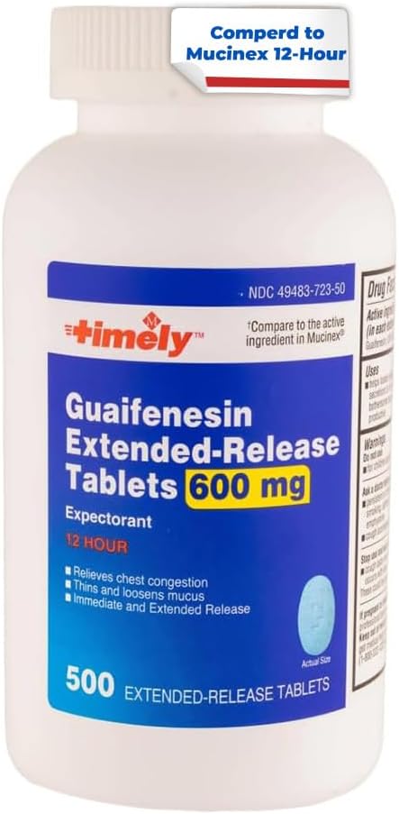 TIME-CAP LABS, INC. Timely Guaifenesin 600 mg Extended Release Tablets - Expectorant Mucus Relief & Chest Congestion Relief for Adults - Lasts up to 12 Hours - 500 Count