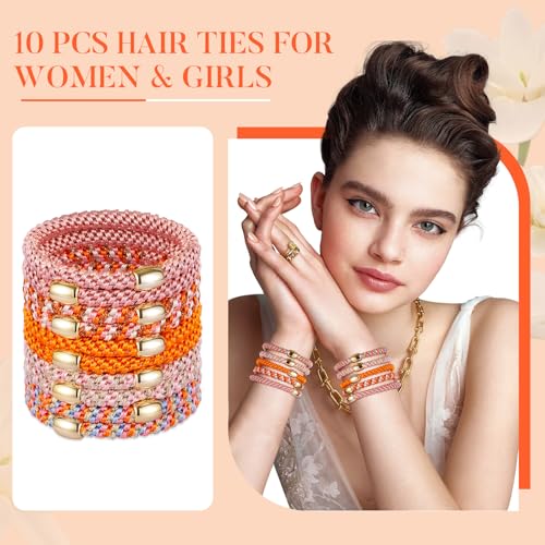Image of FORENEE Hair Ties No Damage(10PCS) - Ponytail Holders - Elastic Hair Ties for Thick Hair - Braided Hair Bands for Women Girls's Hair - Persimmon Orange