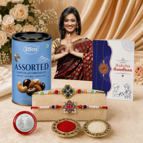 Image of DeoDap Rakhi with Chocolate for Brother - Swastik & Peacock Feather Design Rakhi 2 Pc with Chocolate, Silver Color Coin, Greeting Card & Tilak Set - Raksha Bandhan Combo Set for Bro (K2 1251+1866 AS96)