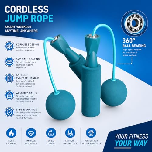 Image of Skipping Rope For Men & Women - Cordless Jump Rope With Cordless Ball - Tangle Free Skipping Rope With 360 Degree Ultra Smooth Bearing For Men, Women & Kids - Indoor Exercise (Blue, Model - 2)