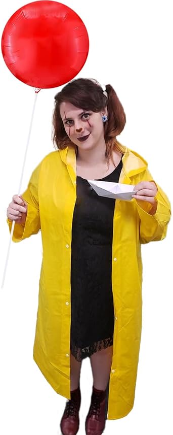 Horror Halloween Decoration Includes Halloween Costume,Men Women Yellow Raincoat Jacket,Reusable Balloon Kit with Balloon Sticks and Cups,Clown Prop for Adult