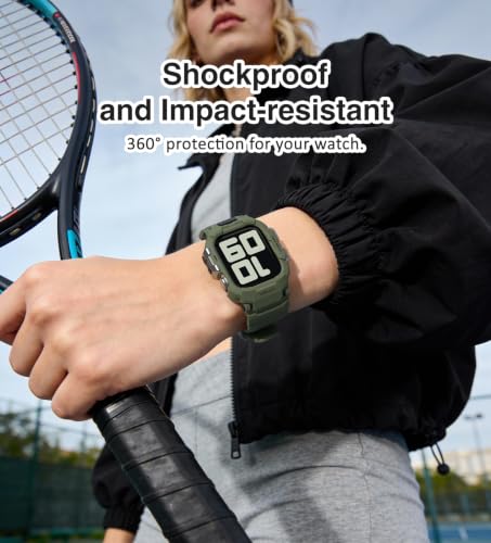 Image of ULTIMAL Rugged Band Compatible with Apple Watch Band 42mm Series 11 /10 with Case, Military-Grade Shockproof Strap for iWatch with Bumper Case Cover Men Women(Army Green)