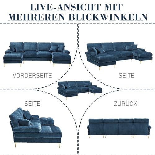Sapgaks Sektionalsofa in U-Form, modernes Schlafsofa, 4-Sitzer, gepolstertes Möbelstück, modernes Design, Chenille-Stoff (blau) – Bild 7