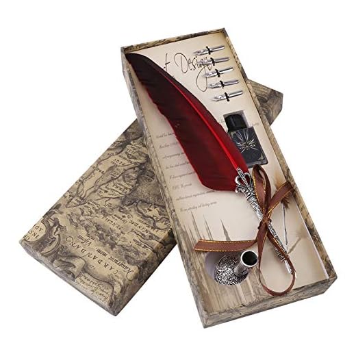 Pluma de inmersión hecha a mano Pluma de caligrafía inglesa Pluma de pluma Pluma de escritura Conjunto de tinta con 5 plumillas de repuesto y Base de punta de pluma para regalo de papelería(Rojo)