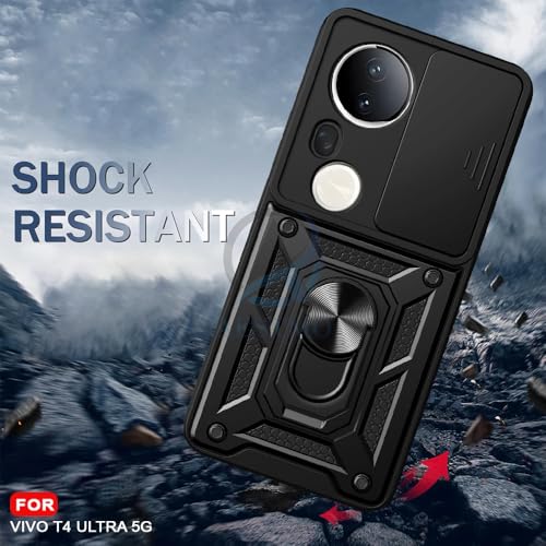 Image of AESTMO Tough Armor Vivo T4 Ultra 5G Bumper Back Case Cover | Ring Holder & Sliding Camera Shield Cover | 360 Degree Protection Back Case Cover for Vivo T4 Ultra 5G (Black)