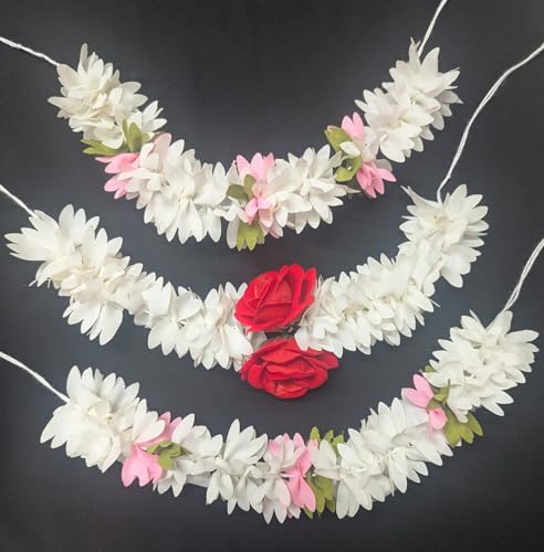 Cloth Gajra Flower Lei Red and White Fabric Floral Garland for Weddings and Festivals 3 Pack (Multicolour)
