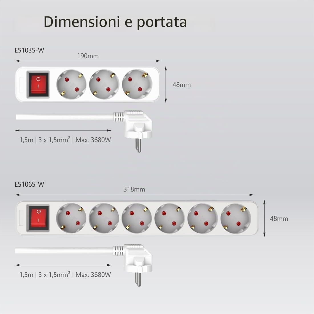 ELRO ES103S-W Ciabatta 3 prese interruttore cavo 1.5 m Protezione bambini Spina Schuko 3680 W Certificato TÜV bianco