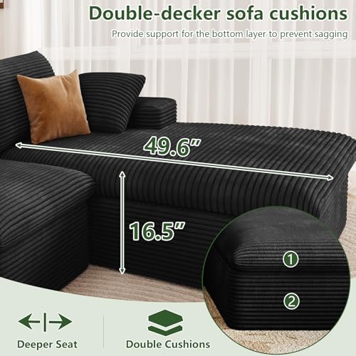 Image of 107 inch Cloud Couch Modular Sectional Sofa for Living Room, L-Shape Boneless Couch with Deep Seat, Modern Corduroy 3-Seater, No Assembly Required (Black,Right-Facing Chaise)