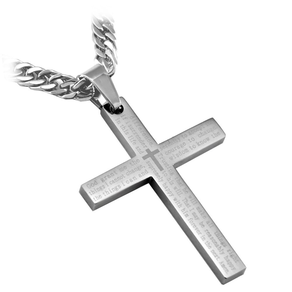 Stainless Steel Silver Serenity Cross Pendant Necklace with English Scripture Including 26" Curb Chain from RAPID SPIRIT- Faith - It does not make things easy, it makes them possible!