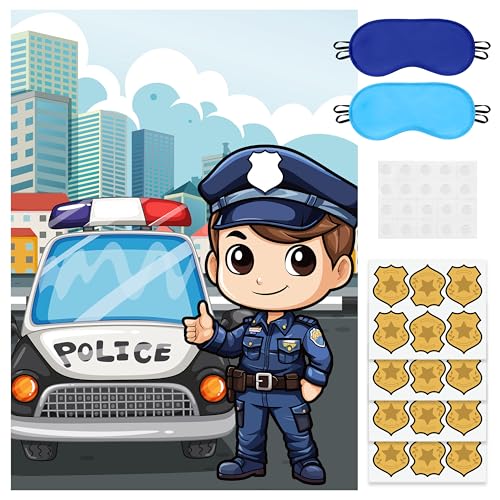 EmmgHen Pin the Badge On the Policeman Party Game Large Cartoon Police Car Sheriff Poster with 24Pcs...