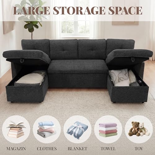Image of Huatean Home Oversized Sleeper Sofa Couch, 100 inch 2 in 1 Pullout Couch Bed with Side Pockets for Living Room, Sectional Sleeper Sofa Bed with Double Storage Chaise, Black