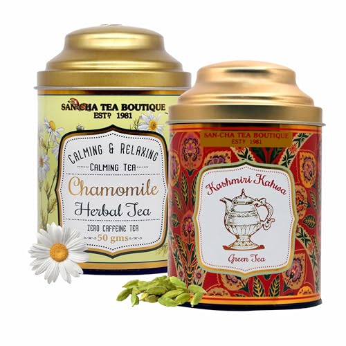 Image of Sancha Tea Boutique, Tea Combo Pack, Chamomile Flower (50g) & Kashmiri Kahwa Teas (75g), Loose Leaves, Real Kahwah & Caffeine Free Herbal Tisane