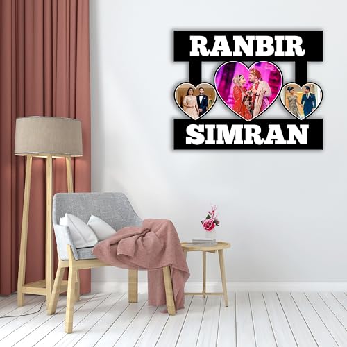 Image of Shrikant Art Personalized Couple Multi-Photo Collage Wall Hanging - Custom Name Wooden Picture Frame with 3 Heart-Shaped Photo Slots for Weddings and Anniversaries