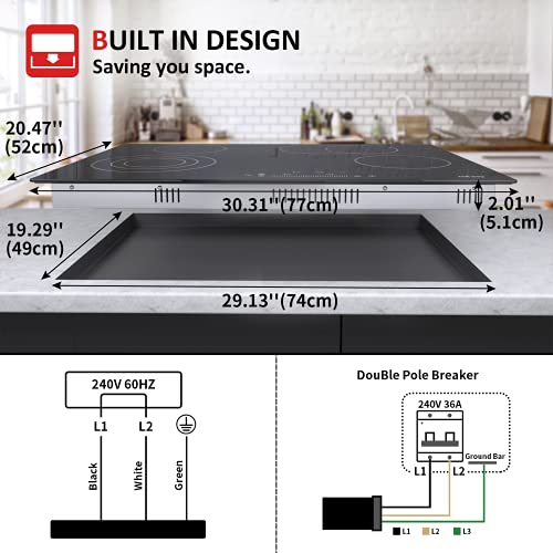 Electric Cooktop Ceramic Stove 4 Burners 30 Inch Built-In Countertop Burners Cooker Satin Glass In Black Touch Sensor Control,Timer,Child Safety Lock,9 Power Levels,220-240V 7200W #TOP3