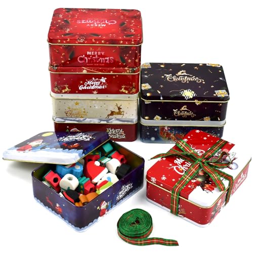NAROSEBE 8 Pezzi Scatole di Latta Natalizia Barattoli di Natale per Biscotti Scatole di Latta Vuota per Biscotti Scatola in Metallo Rettangolari con Coperchio per Biscotti Caramelle Regalo e Fai da