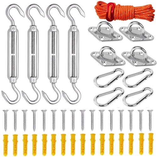 Jardín, Outdoors MCSWSEE Accesorios para Toldos, 45 Piezas Kit de Montaje para Toldo, Fijaciones para Toldo con Cuerdas de Paracaídas, Kit Fijación de Lona de Sombra para...