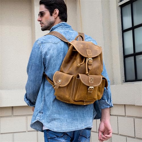 Mens Backpack Men's Leather Backpack Men's Leather Shoulder Bag Out Travel Bag for Camping Outdoor Sport,Brown-40x32x20cm2
