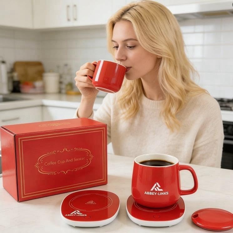 Abbey-Links Smart Ceramic Mug Warmer Set, Red, Electric Cup Heater with Mug, Gift Set