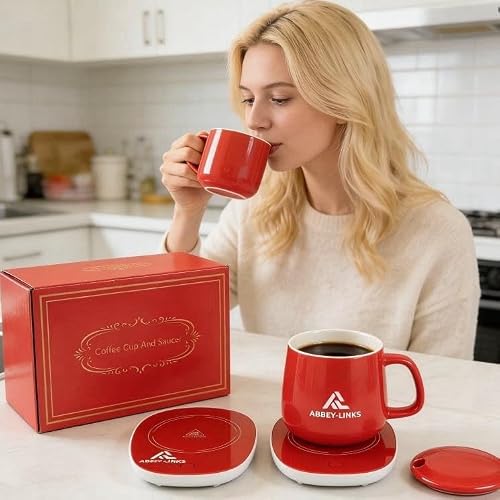 Abbey-Links Coffee Mug Warmer Set with Ceramic Cup, Electric Desk Warmer, Auto Shut Off, 6-Temperature Control, Red