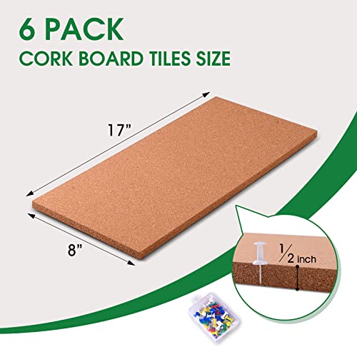 Gardyue 6 Pack Cork Bulletin Board 17"X8" - 1/2" Thick Cork Board Tiles,Self-Adhesive Frameless Cork Tiles Wall Decor With 50 Pcs Pushpins #TOP1