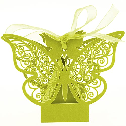50 boîtes à dragées papillon découpées au laser pour mariage et anniversaire, avec rubans (vert)