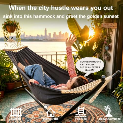 Image of GOCAN Double Hammock 2 Person Extra Large 220x150cm Total Length 330cm Load 500lb Canvas Cotton Hammock for Patio Porch Garden Backyard Lounging Outdoor and Indoor with Removable Spreader bar