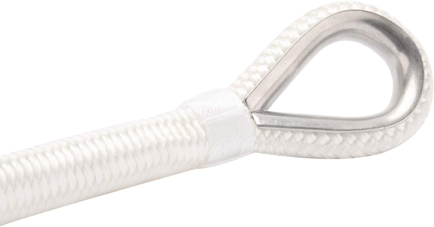 NovelBee 1/2 Inch X 50 Feet Double Braid Nylon Anchor Line with Stainless Steel Thimble and Plastic Chuck (White)