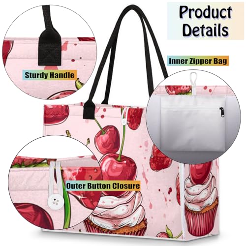 Pink Cake Cherry Tote Bag for Women Large Beach Bag Reusable Tote Bags for Work Travel Beach Shopping4