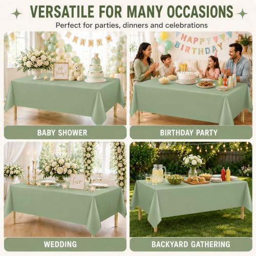 Image of 3 Pack Sage Green Plastic Tablecloths, 54 x 108 Inch Disposable Covers | Ideal for Weddings, Baby Showers, Bridal Showers and Birthdays, Helping Protect Tabletops from Spills and Simplify Cleanup
