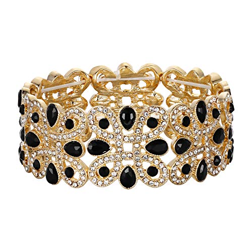 EVER FAITH Women's Crystal Elegant Wedding Knot Tear Drop Elastic Stretch Bracelet Black Gold-Tone