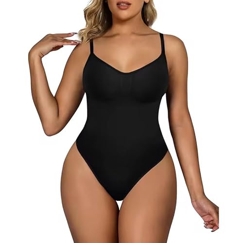 Image of Women’s Seamless Stretch Bodysuit – Adjustable Straps, Thong Back, Soft & Breathable Fabric (Black, Small)