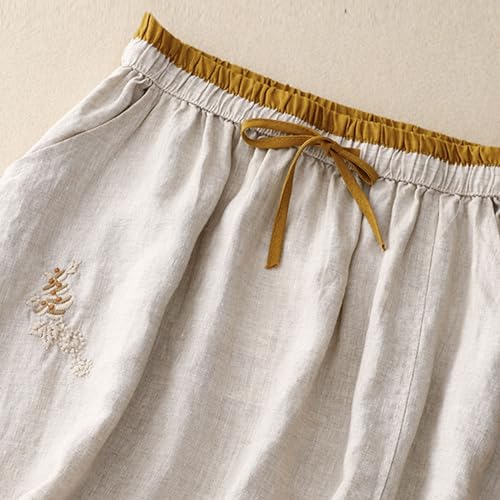 Womens Vintage Cotton Linen Midi Skirt Summer Beach Boho Embroidered Skirts Elastic High Waist A-Line Slit Pockets Skirt4