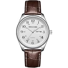 Men's Easy Reader Quartz Watch 40mm Minimalist Analog Watches with Luminous Hands & Markers Day-Date Display Waterproof Wrist Watch for Men, Whie Dial, Leather Strap/Stainless Steel Band