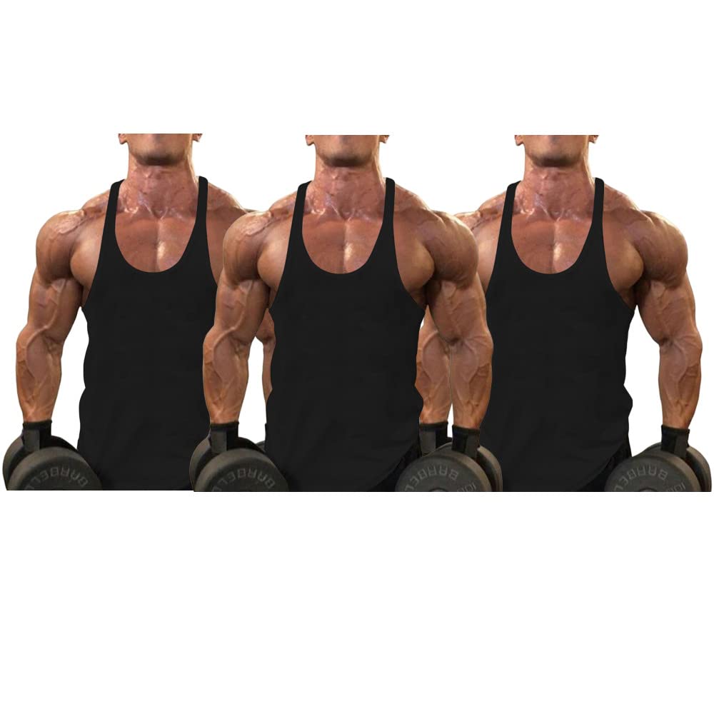 RIOXS Men's 3-Pack Basic Workout Tank Top Set Athletic Muscle Tops Bodybuilding Quick Dry Sleeveless T-Shirt (Black 1, XL)