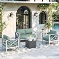 MAISON BACKYARDS Aluminum Outdoor Patio Furniture Set with Fire Pit, 6-Piece Outdoor Sectional with 5.2" Thick Cushions, Patio Conversation Sets for Backyard,(White,4 Seats)