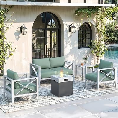 MAISON BACKYARDS Aluminum Outdoor Patio Furniture Set with Fire Pit, 6-Piece Outdoor Sectional with 5.2" Thick Cushions, Patio Conversation Sets for Backyard,(White,4 Seats)