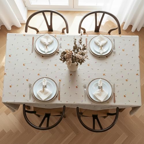 Image of Embroidered Cotton Tablecloth, Beige Oasis, 60 x 60 in | Premium heavyweight chambray cotton, all-over embroidery, 4-seater square, machine washable, elegant dining and hosting