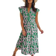 Dokotoo Womens Dresses 2026 Summer V-Neck Ruffle Cap Sleeve Empire Waist Flowy Striped Beach Midi Maxi Dress with Pockets