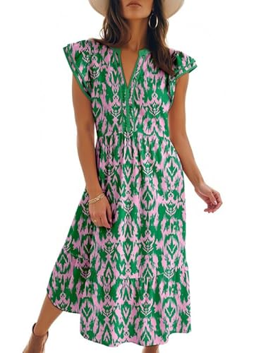 Dokotoo Womens Dresses 2026 Summer Floral Boho Midi Dres V Neck Cap Sleeve Empire Waist Pockets Flowy Beach Dresses Maxi Green Dress Women Medium