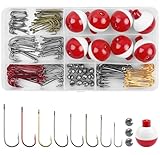 Fishing Hooks Bobbers Tackle Kit Beginners Equipment, 215pcs Organized Fishing Tackle Box Include Fishing Bobbers, Hooks, Sinker Weights, Starter Kit for Artificial and Live Baits Trout Panfish