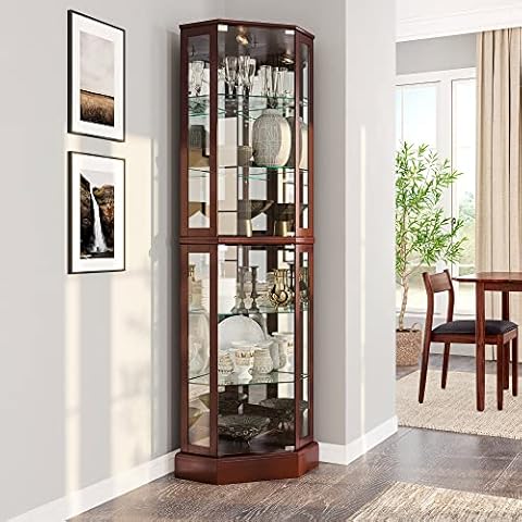 BELLEZE Lighted Corner Display Curio Cabinet Wooden Shelving Unit Cover