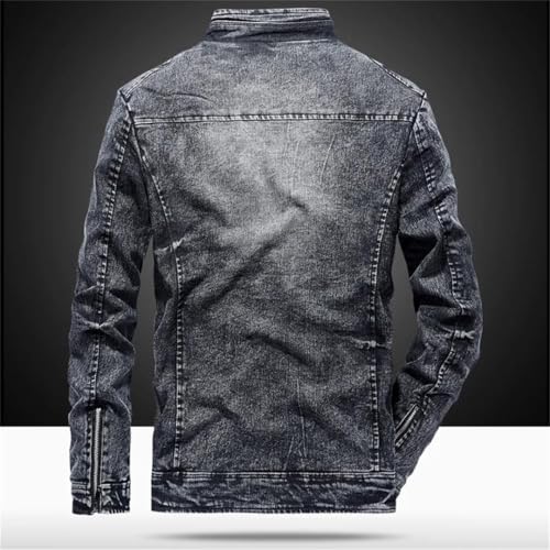 Men's Thickened Denim Jacket Retro Stand Collar Solid Color Zipper Slim Casual Jean Coats4