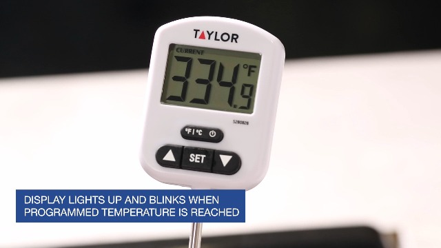 Image of Taylor Programmable Digital Candy and Deep Fry Thermometer with Green Light Alert Display, Long Stem, and Adjustable Pan Clip, White
