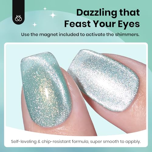 Image of Beetles Green Cat Eye Gel Polish, 15ML Mint Green Cat Eye Glitter Gel Polish with Magnet Soak Off UV Shimmer Velvet Gel Mint Stardust Series French Nail Art Design Manicure Gifts for Women