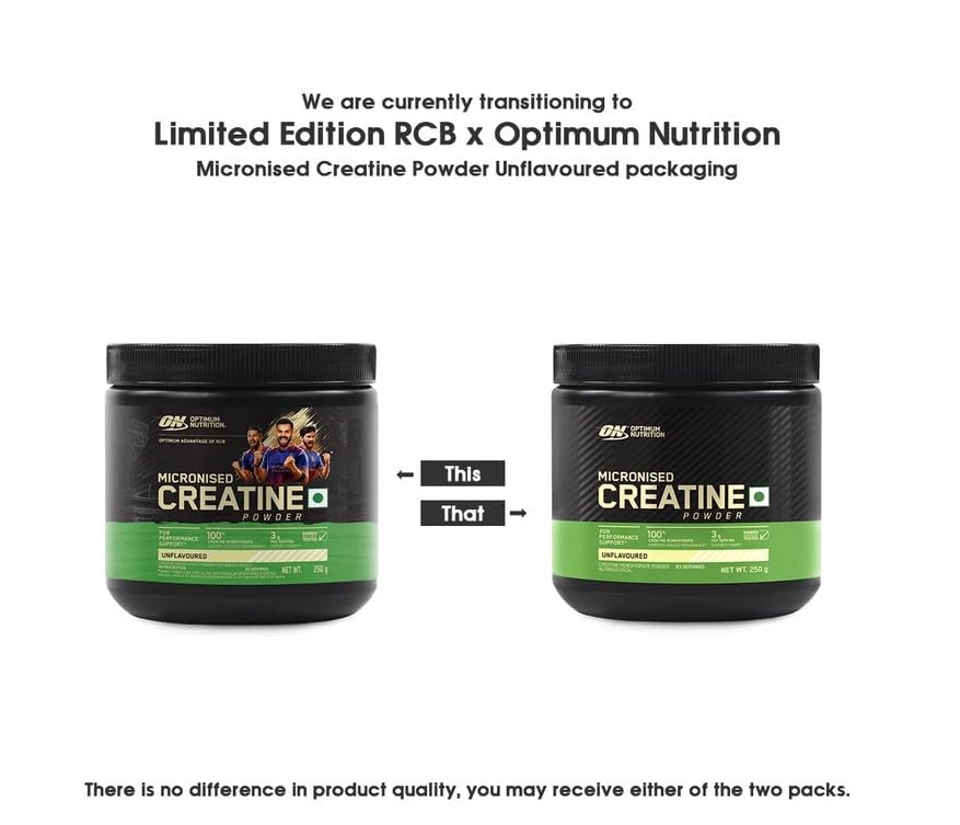 RCB Limited Edition Optimum Nutrition (ON) Micronized Creatine Powder – 250 g, 83 Serves, 3g of 100% Creatine Monohydrate per serve, Supports Athletic Performance & Power, Unflavored.